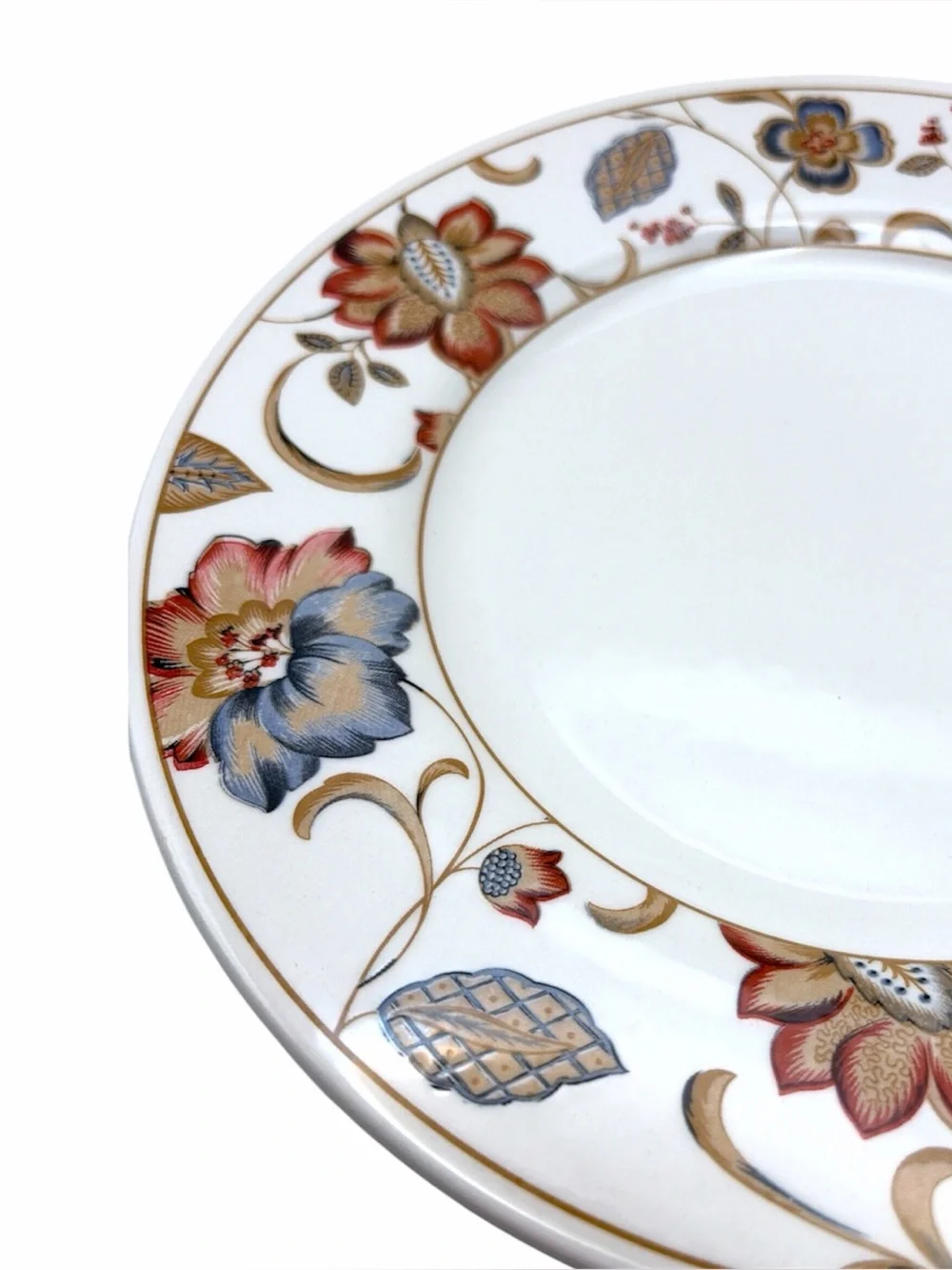 Set of 4 Queens Earthenware 10.5” Dinner Plates Jacobean Boho Red White Blue